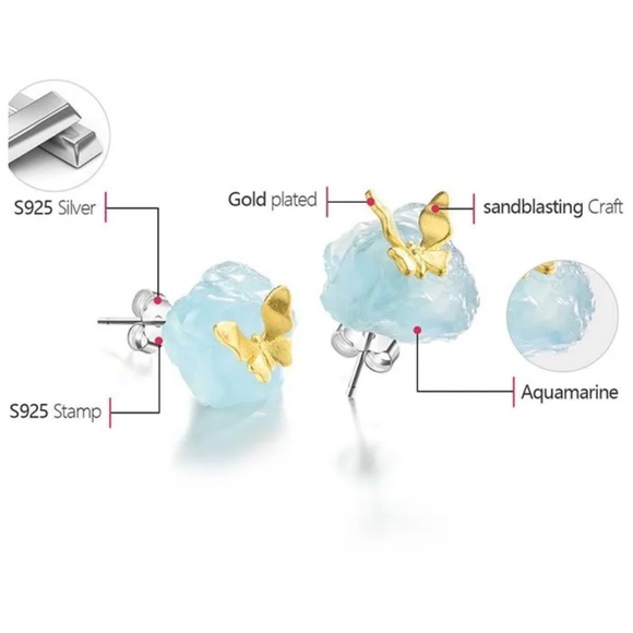 925 Silver Artisan Handmade Natural Aquamarine Butterfly The Zahir Ear… - Picture 6 of 13